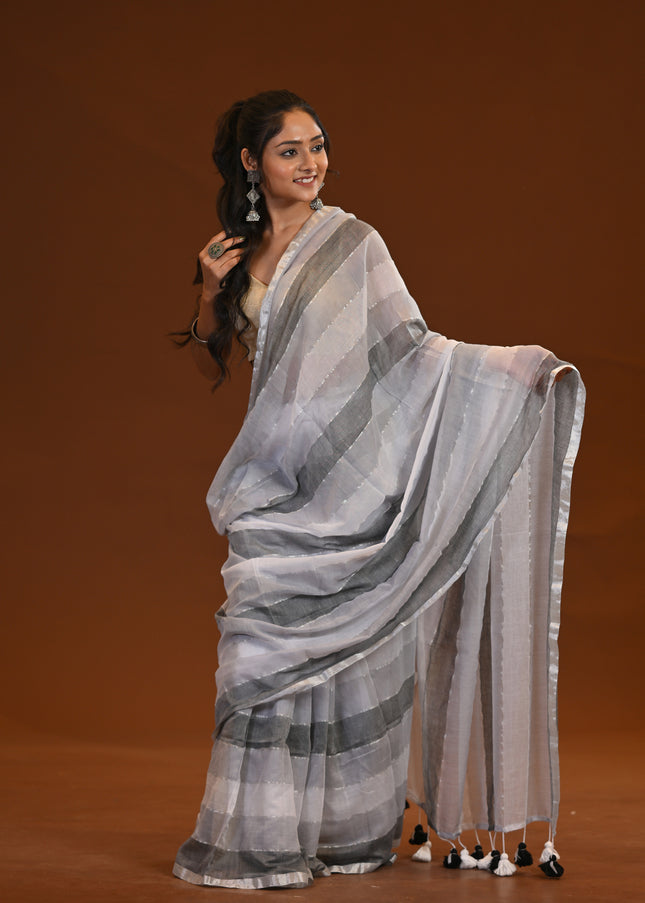 Black And White Mulmul Cotton Saree