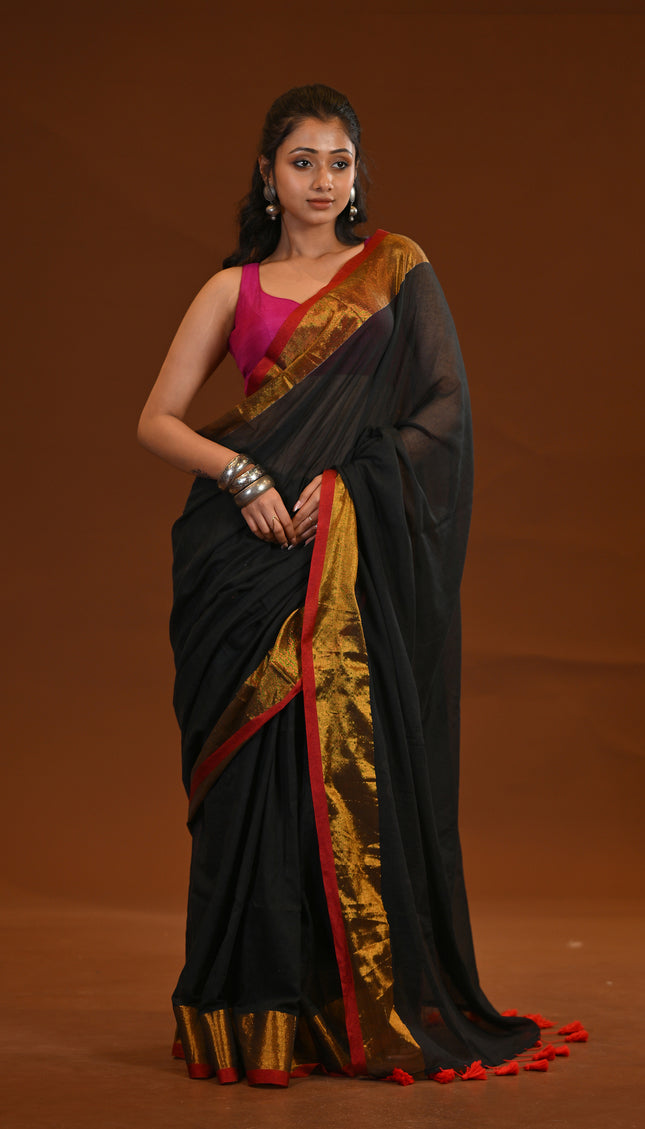 Black Mulmul Cotton Saree with Gold Zari Border & Tassels
