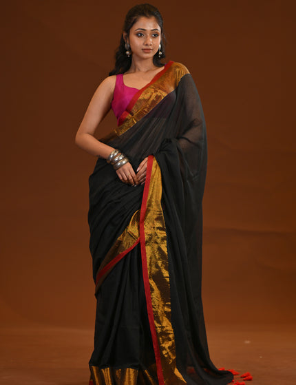 Black Mulmul Cotton Saree with Gold Zari Border & Tassels