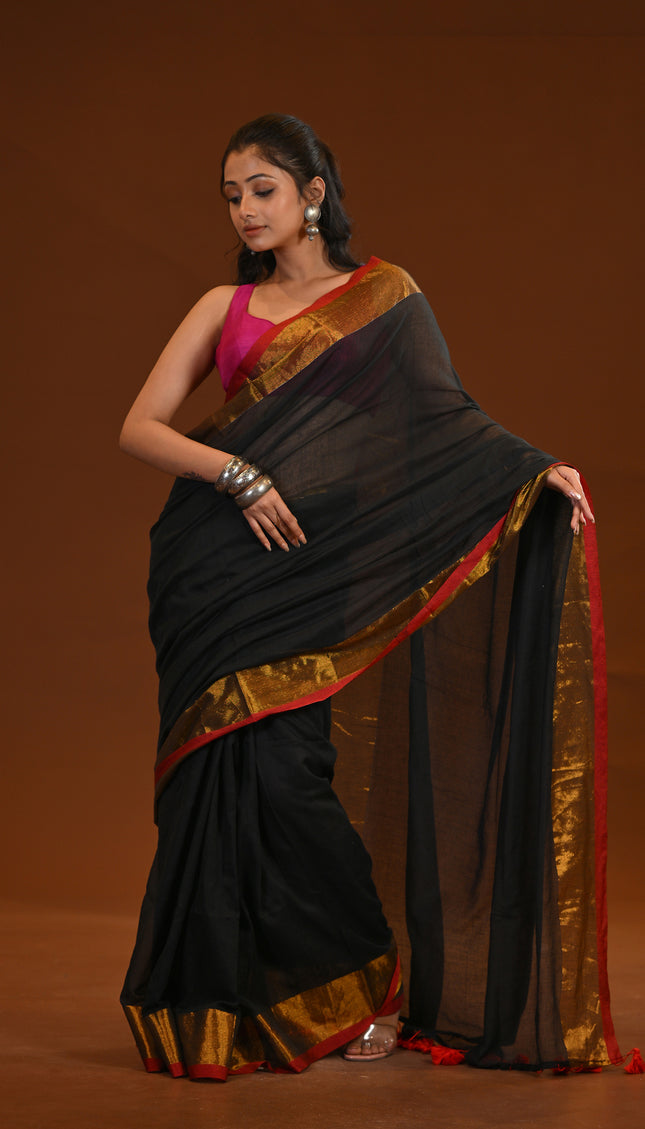 Black Mulmul Cotton Saree with Gold Zari Border & Tassels