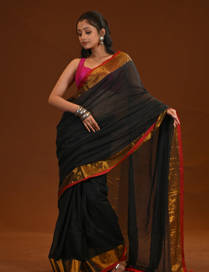 Black Mulmul Cotton Saree with Gold Zari Border & Tassels