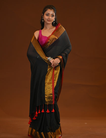 Black Mulmul Cotton Saree with Gold Zari Border & Tassels