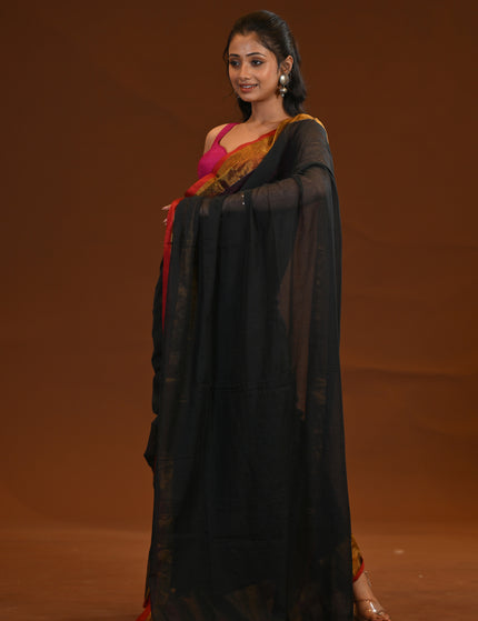 Black Mulmul Cotton Saree with Gold Zari Border & Tassels