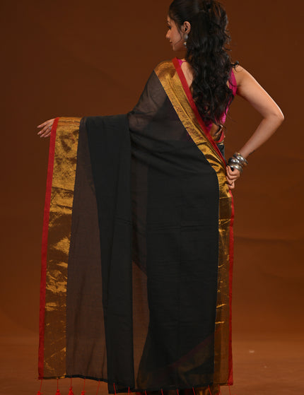 Black Mulmul Cotton Saree with Gold Zari Border & Tassels