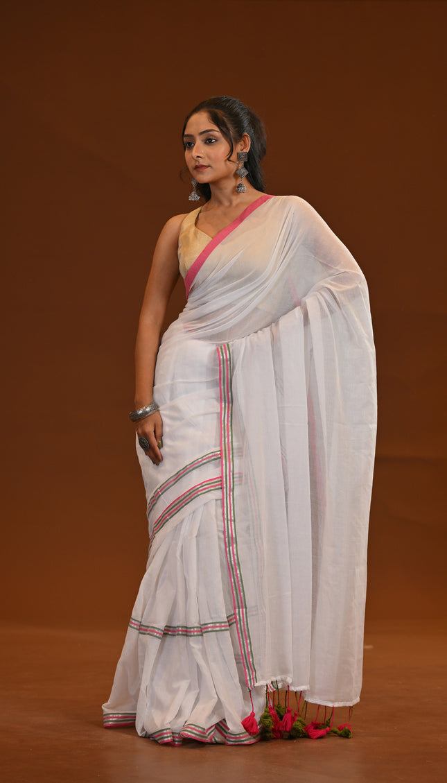 Mulmul Cotton Saree With Multicolour Tassels For Everyday Wear