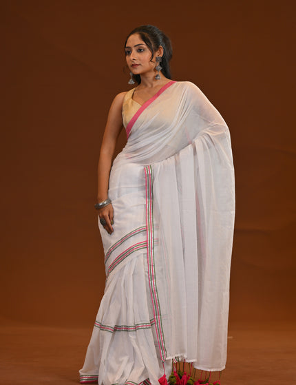 Mulmul Cotton Saree With Multicolour Tassels For Everyday Wear