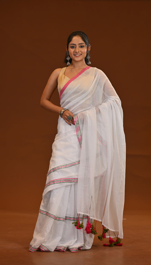 Mulmul Cotton Saree With Multicolour Tassels For Everyday Wear