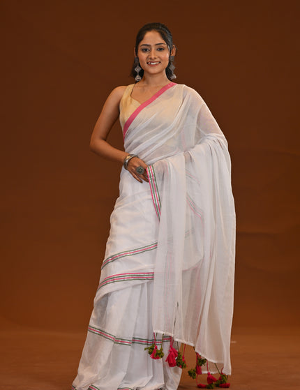 Mulmul Cotton Saree With Multicolour Tassels For Everyday Wear