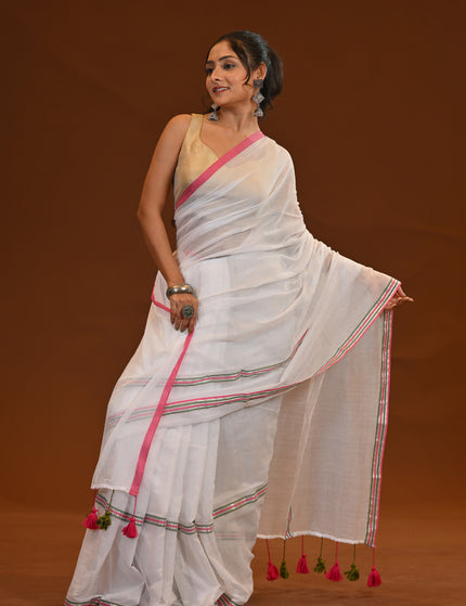Mulmul Cotton Saree With Multicolour Tassels For Everyday Wear