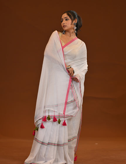 Mulmul Cotton Saree With Multicolour Tassels For Everyday Wear