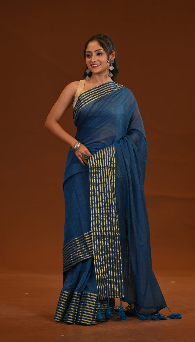 Blue Mulmul Cotton Saree - Zari Thread Weave With Tassels