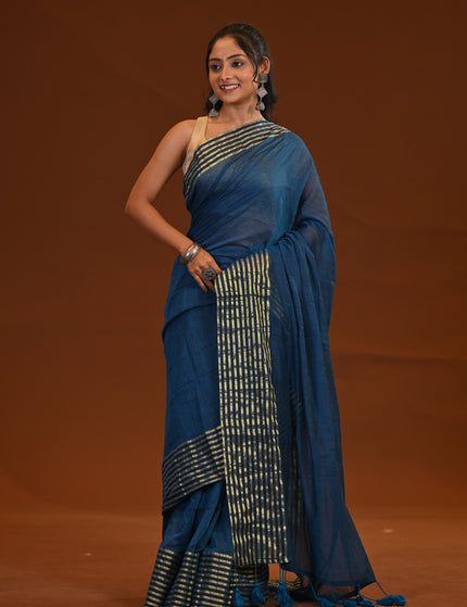Blue Mulmul Cotton Saree - Zari Thread Weave With Tassels