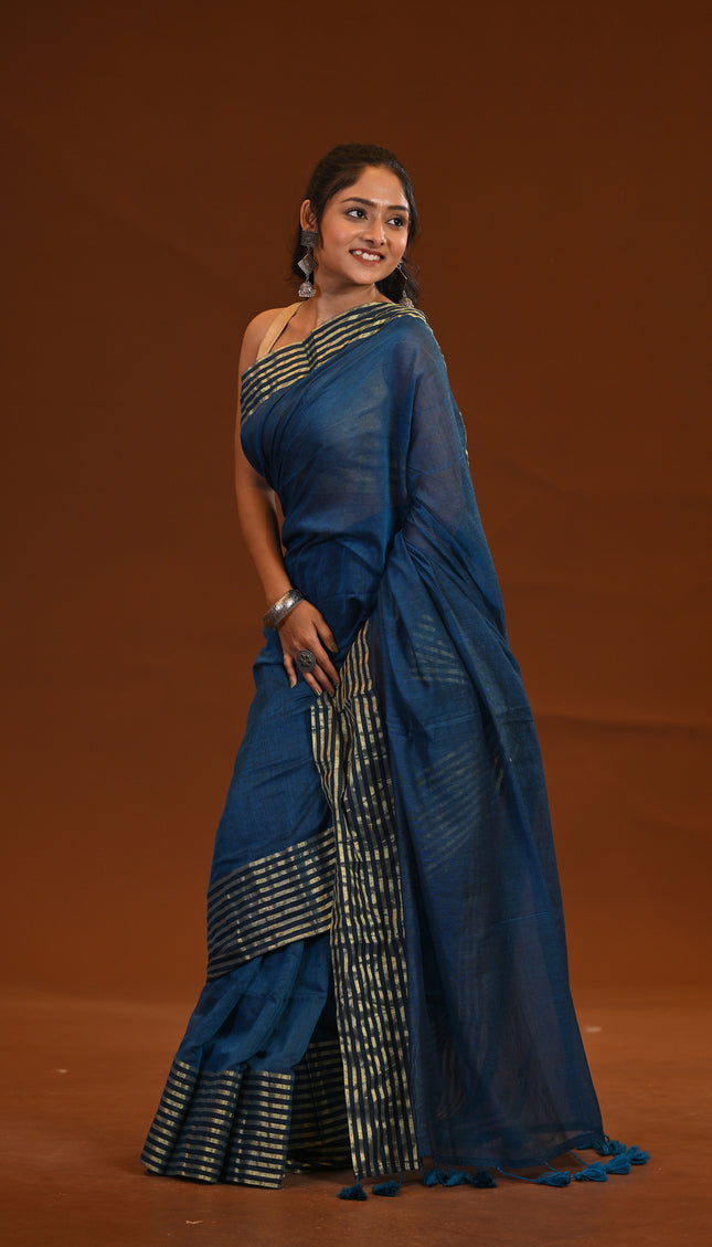Blue Mulmul Cotton Saree - Zari Thread Weave With Tassels