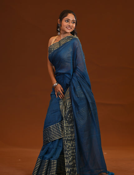 Blue Mulmul Cotton Saree - Zari Thread Weave With Tassels