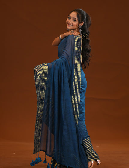 Blue Mulmul Cotton Saree - Zari Thread Weave With Tassels