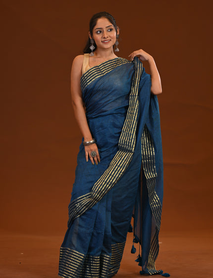 Blue Mulmul Cotton Saree - Zari Thread Weave With Tassels