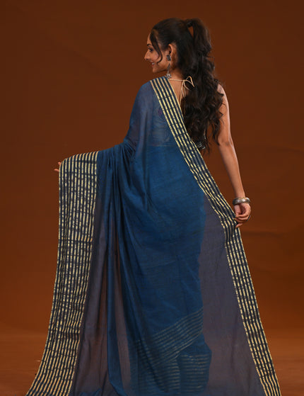 Blue Mulmul Cotton Saree - Zari Thread Weave With Tassels