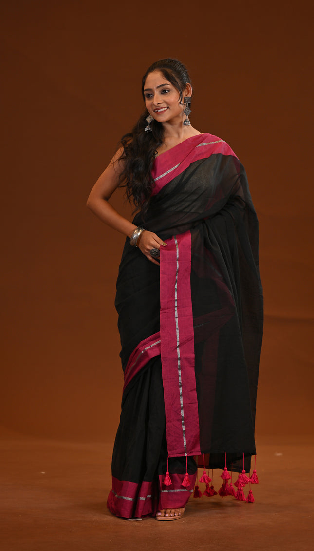 Black Mulmul Cotton Saree With Pink Border And Tassels