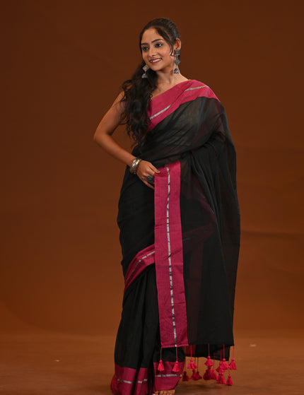 Black Mulmul Cotton Saree With Pink Border And Tassels