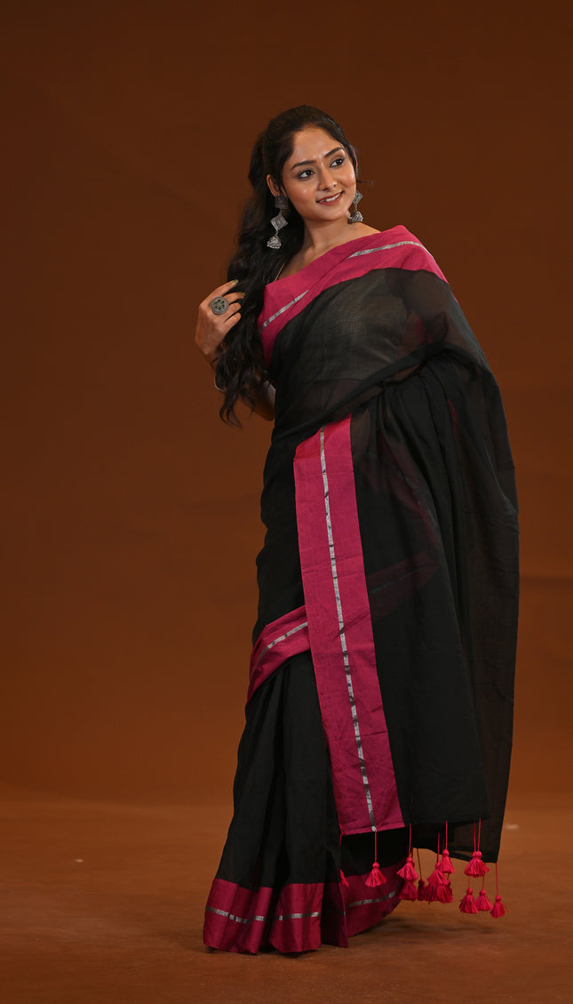 Black Mulmul Cotton Saree With Pink Border And Tassels