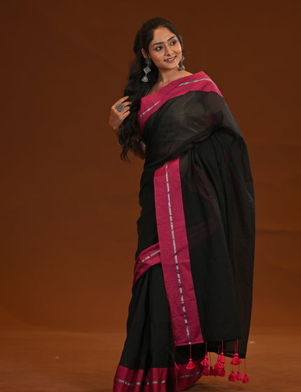 Black Mulmul Cotton Saree With Pink Border And Tassels