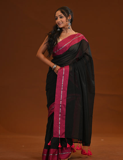 Black Mulmul Cotton Saree With Pink Border And Tassels