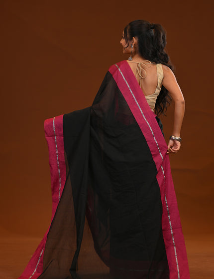 Black Mulmul Cotton Saree With Pink Border And Tassels