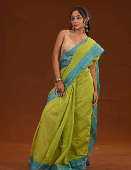 Lime Green Mulmul Cotton Saree