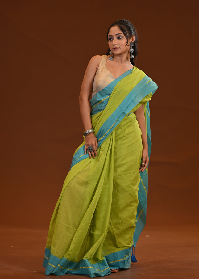 Lime Green Mulmul Cotton Saree