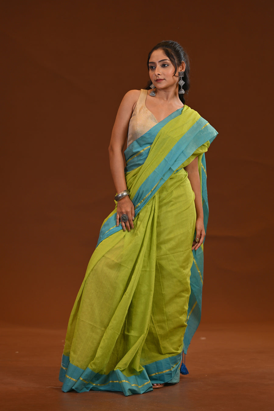 Lime Green Mulmul Cotton Saree