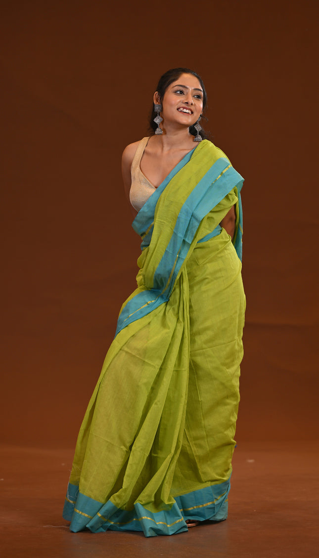Lime Green Mulmul Cotton Saree