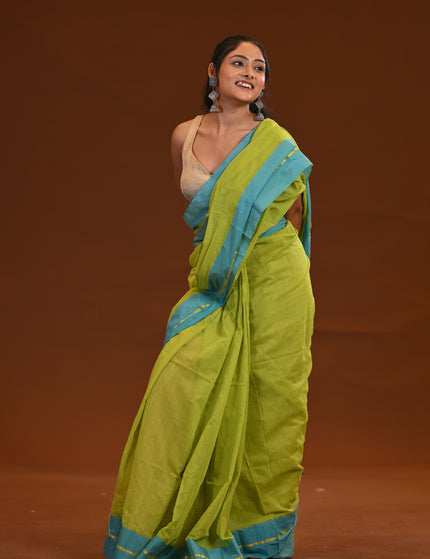 Lime Green Mulmul Cotton Saree