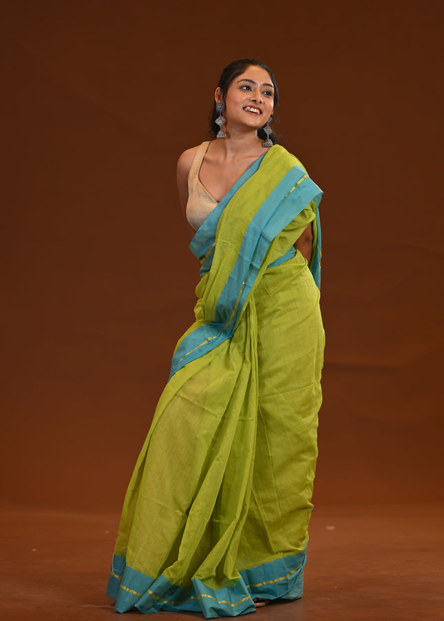 Lime Green Mulmul Cotton Saree