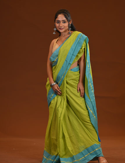 Lime Green Mulmul Cotton Saree