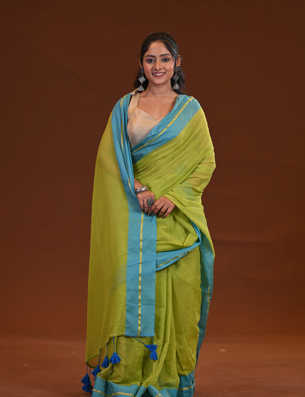 Lime Green Mulmul Cotton Saree