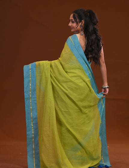 Lime Green Mulmul Cotton Saree