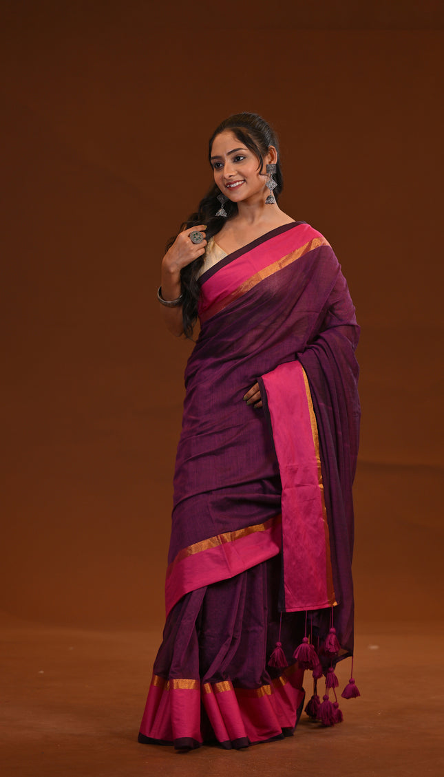 Purple Mulmul Cotton Saree With Pink Border