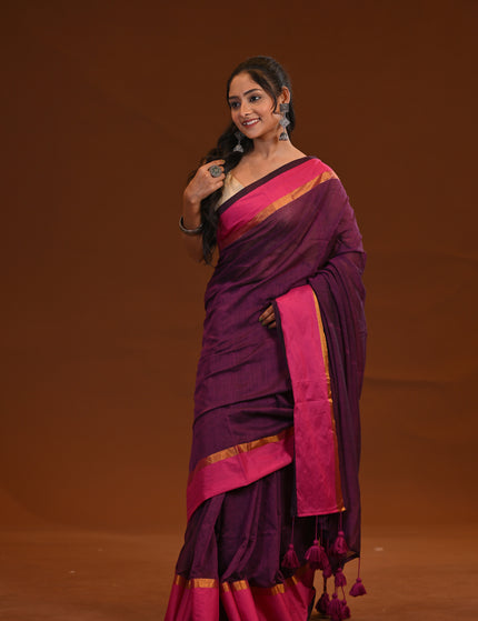 Purple Mulmul Cotton Saree With Pink Border