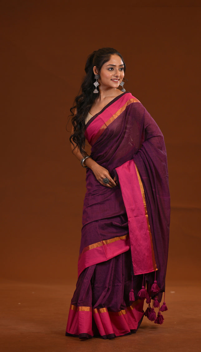 Purple Mulmul Cotton Saree With Pink Border