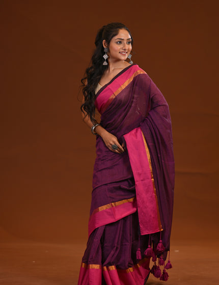 Purple Mulmul Cotton Saree With Pink Border
