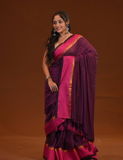 Purple Mulmul Cotton Saree With Pink Border