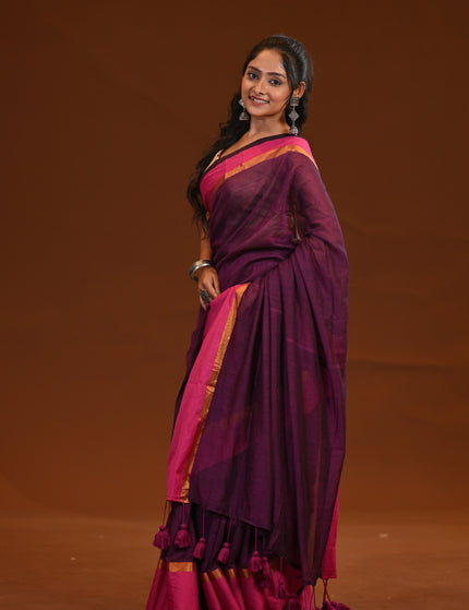 Purple Mulmul Cotton Saree With Pink Border