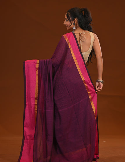 Purple Mulmul Cotton Saree With Pink Border
