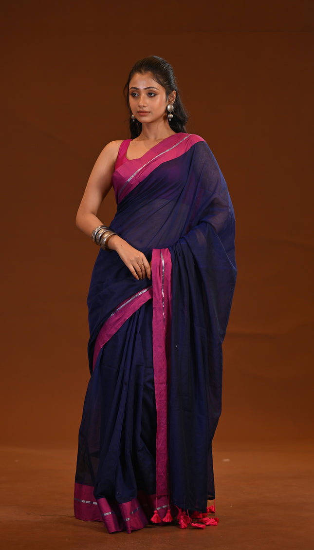 Navy Blue Mulmul Cotton Saree With Pink Border