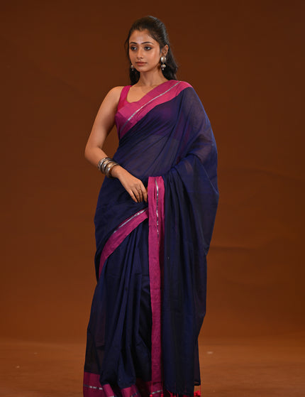 Navy Blue Mulmul Cotton Saree With Pink Border