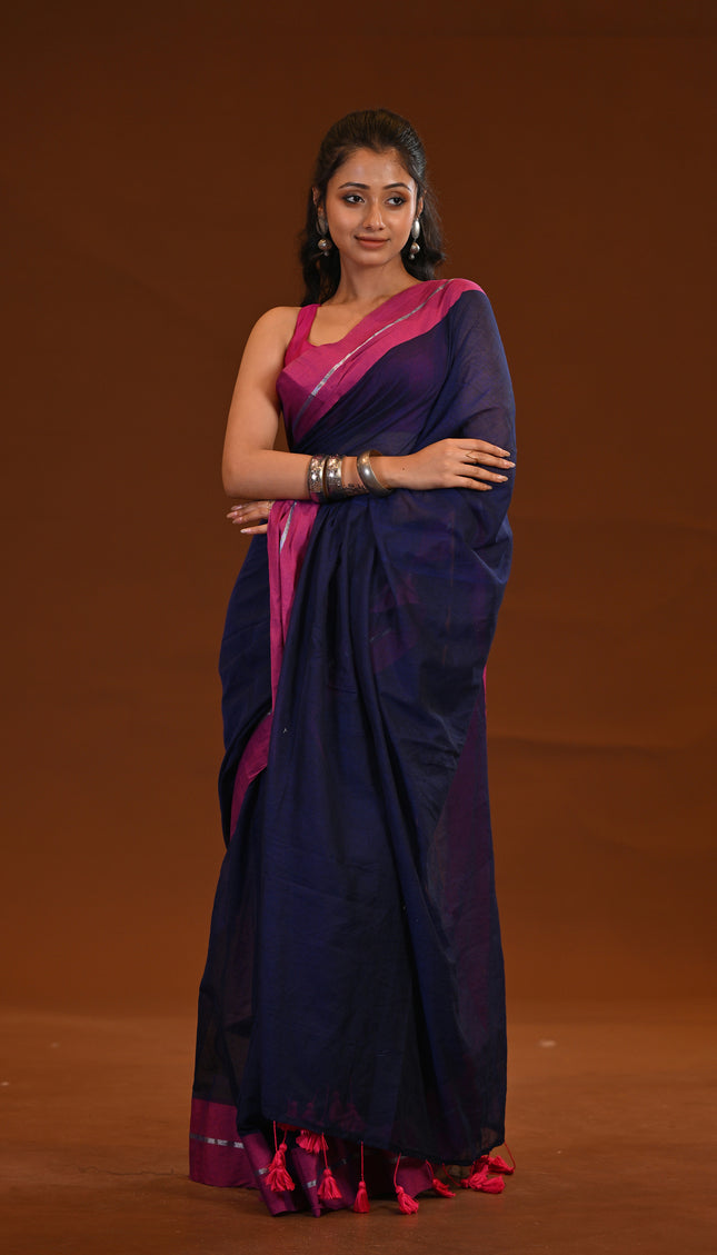 Navy Blue Mulmul Cotton Saree With Pink Border