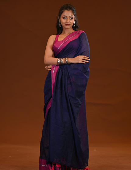 Navy Blue Mulmul Cotton Saree With Pink Border