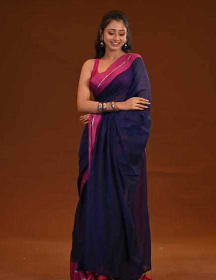 Navy Blue Mulmul Cotton Saree With Pink Border