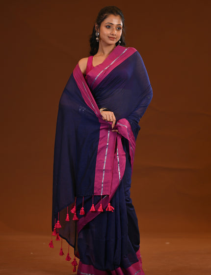 Navy Blue Mulmul Cotton Saree With Pink Border