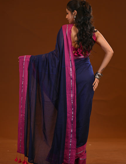 Navy Blue Mulmul Cotton Saree With Pink Border